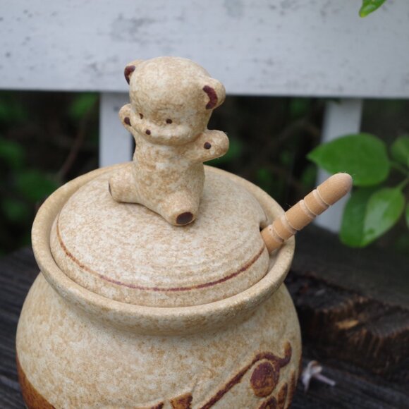 Cute Honey Pottery Jar With Bear Hand Crafted Stone Wear - Picture 6 of 6
